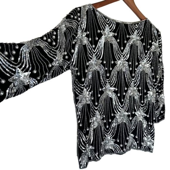 Vintage Retro Black Hand-Beaded Sequin Women's Top 100% Silk Size Medium - Picture 3 of 7